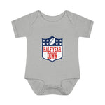 Load image into Gallery viewer, Half Year Down - Football Shield Baby Onesie - 6 Month Milestone Body Suit
