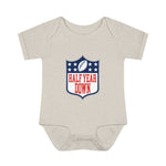 Load image into Gallery viewer, Half Year Down - Football Shield Baby Onesie - 6 Month Milestone Body Suit
